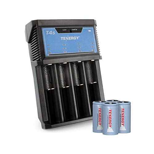 Tenergy Rechargeable NiMH C Batteries and T4s Battery Charger Bundle - 4-Pack C Size Batteries with Smart Charger