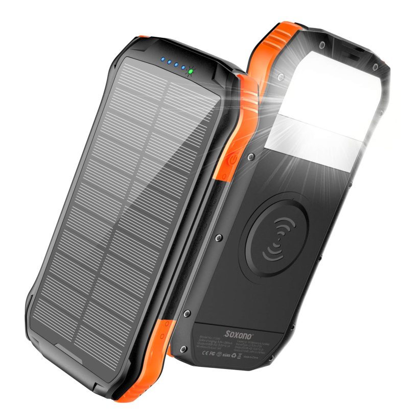 Power Bank, Solar Charger with Qi Wireless Charger and a pair of USB