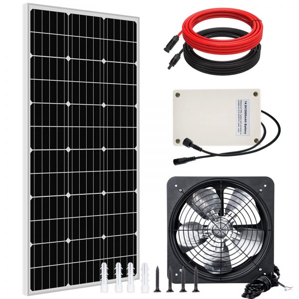 ECO-WORTHY 100W Solar Powered Fan System installed on greenhouse for eco-friendly ventilation
