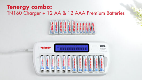 Power Up Your Gadgets with TN160 12-Bay Charger + Premium AA/AAA Rechargeable Batteries - Efficient Charging for All Devices