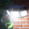 Solar outdoor motion sensor light with 3 adjustable heads and 108 LED beads, providing ultra-bright illumination for gardens, garages, pathways, and yards. Waterproof and durable for all weather conditions.