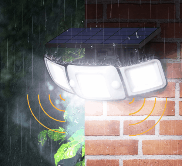 Solar outdoor motion sensor light with 3 adjustable heads and 108 LED beads, providing ultra-bright illumination for gardens, garages, pathways, and yards. Waterproof and durable for all weather conditions.