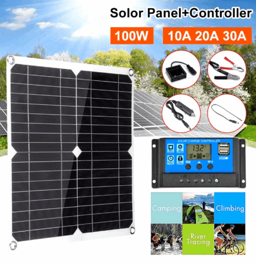 100W waterproof solar panel with dual USB ports, foldable design, and complete accessory kit for outdoor camping and RV charging