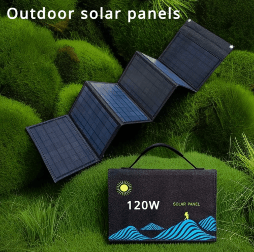 120W foldable solar panel with USB and DC outputs, portable and weather-resistant for outdoor power needs.