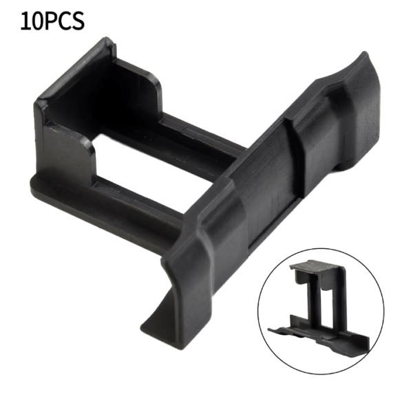 Set of ten black Solar Panel Mud Discharge Clips for effective water drainage and maintenance of solar panels in various frame sizes.
